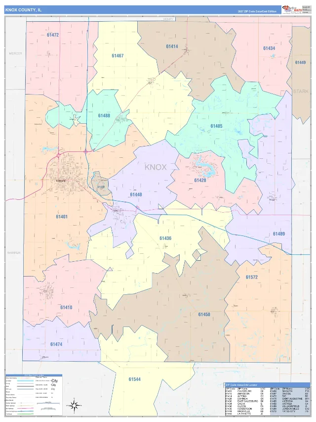 Knox County, IL ZIP Code Wall Map, ColorCast style
