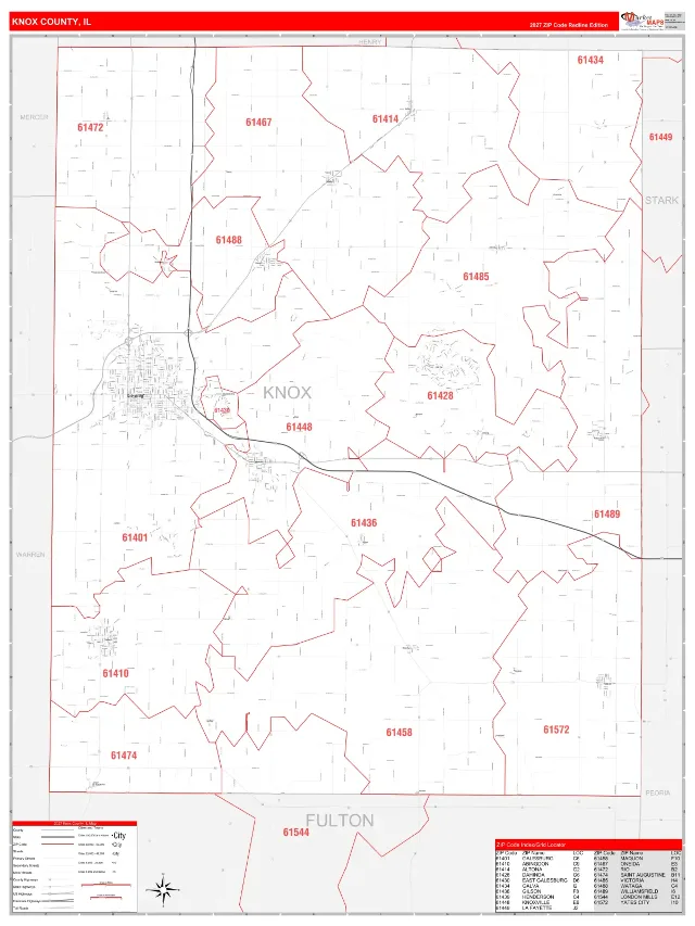 Knox County, IL ZIP Code Wall Map, RedLine style