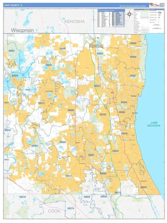 Lake County, IL ZIP Code Wall Map, Business Reference style