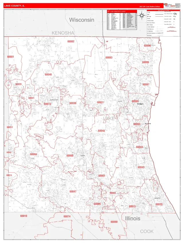 Lake County, IL ZIP Code Wall Map, RedLine style