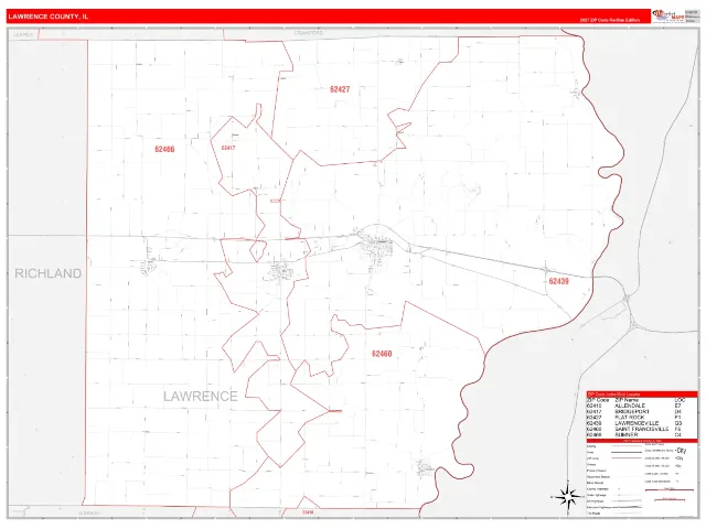 Lawrence County, IL ZIP Code Wall Map, RedLine style