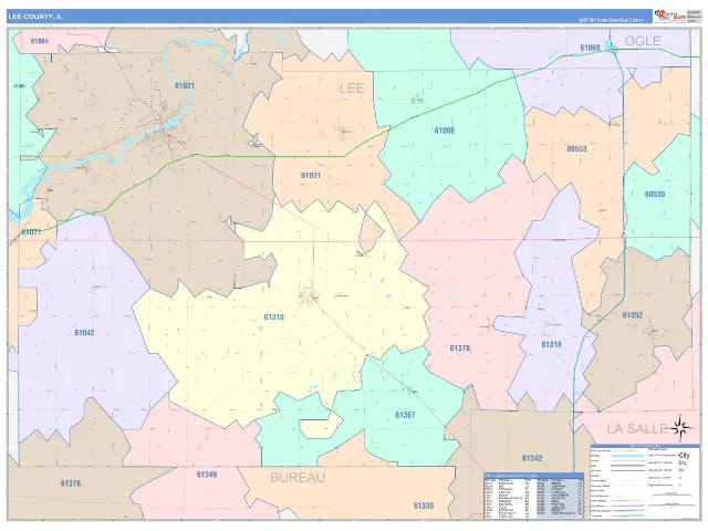 Lee County, IL ZIP Code Wall Map, ColorCast style