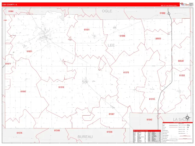 Lee County, IL ZIP Code Wall Map, RedLine style