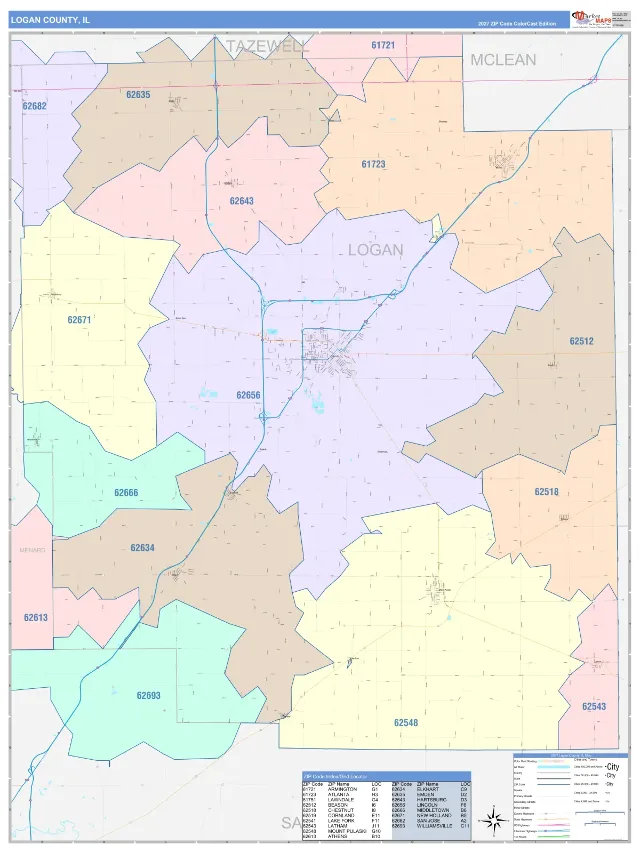 Logan County, IL ZIP Code Wall Map, ColorCast style