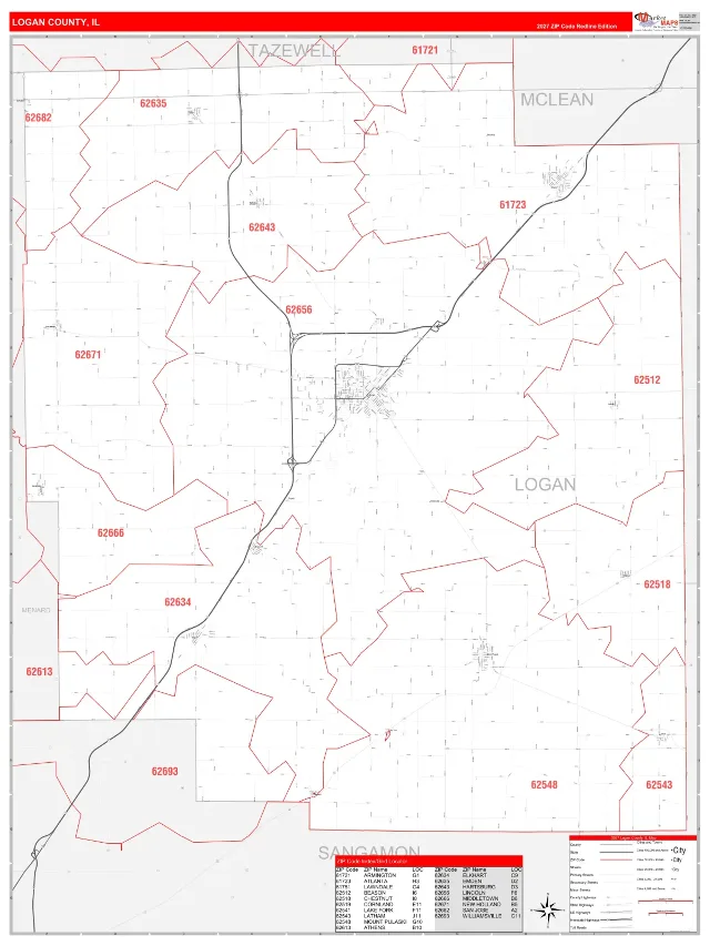 Logan County, IL ZIP Code Wall Map, RedLine style