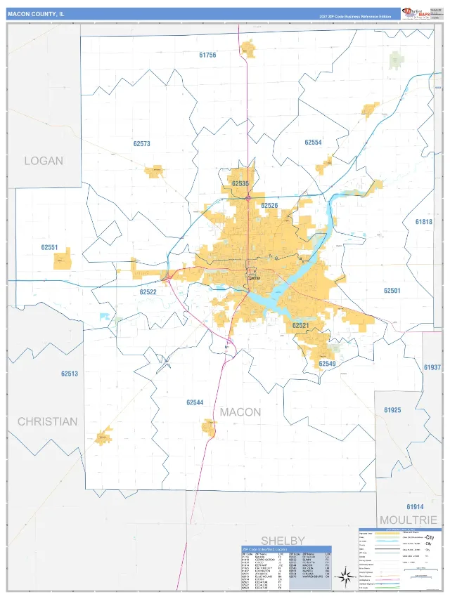 Macon County, IL ZIP Code Wall Map, Business Reference style