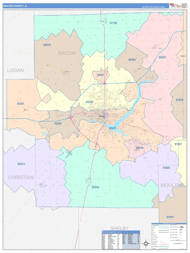 Macon County, IL ZIP Code Wall Map, ColorCast style