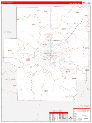Macon County, IL RedLine style ZIP Code wall map