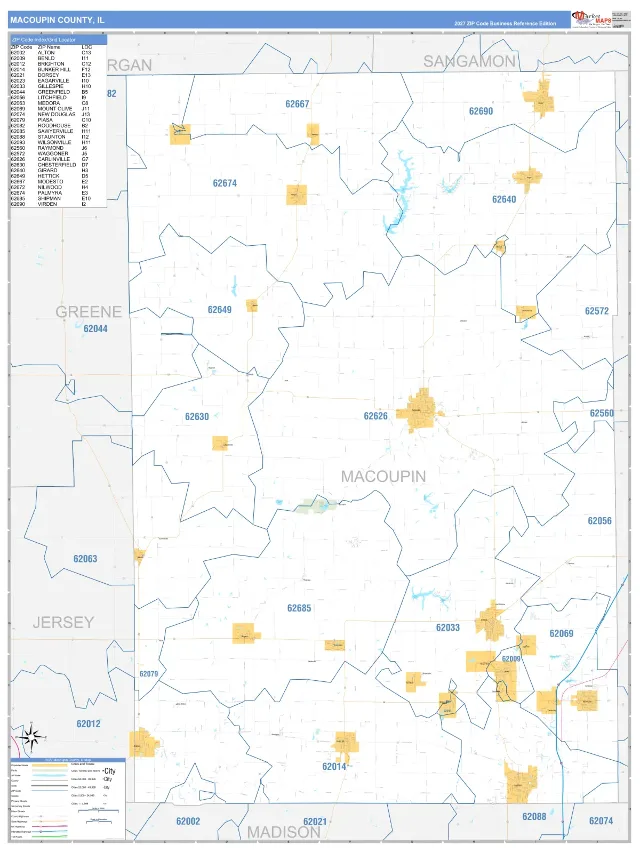 Macoupin County, IL ZIP Code Wall Map, Business Reference style