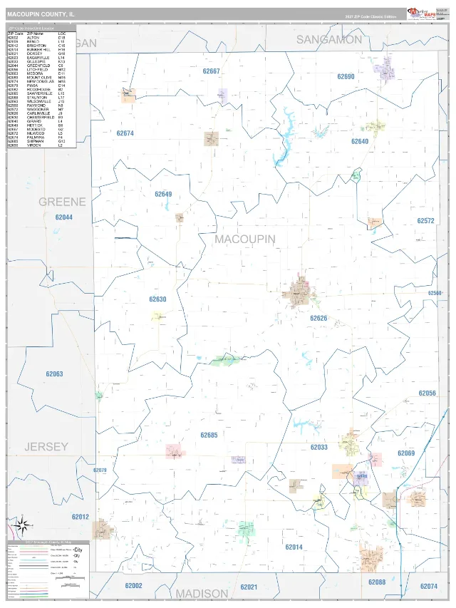 Macoupin County, IL ZIP Code Wall Map, Classic style
