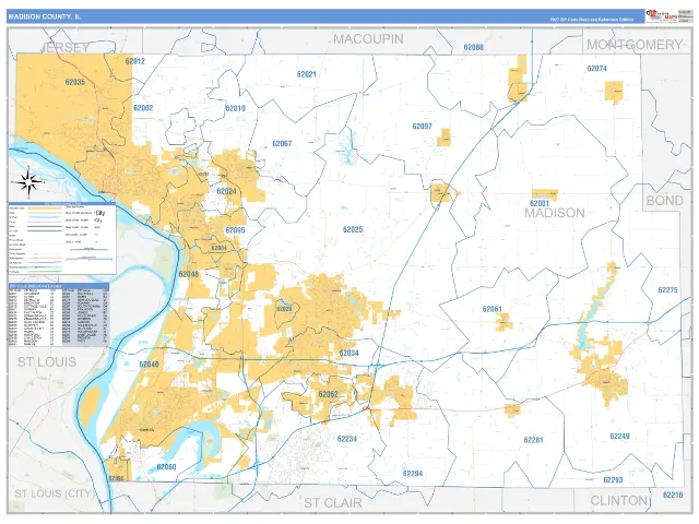 Madison County, IL ZIP Code Wall Map, Business Reference style