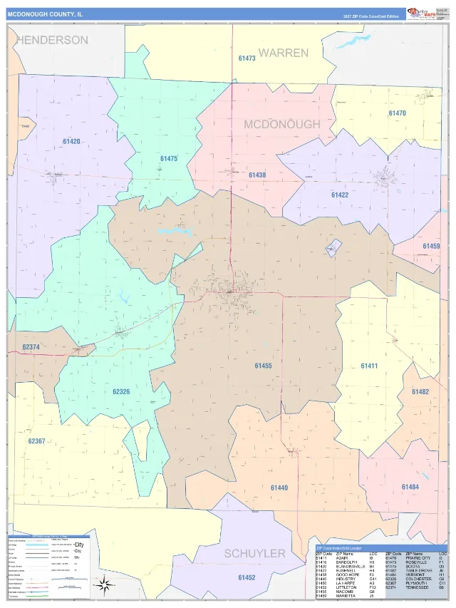 McDonough County, IL ZIP Code Wall Map, ColorCast style