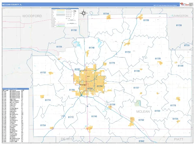 McLean County, IL ZIP Code Wall Map, Business Reference style