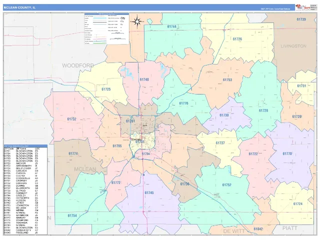 McLean County, IL ZIP Code Wall Map, ColorCast style