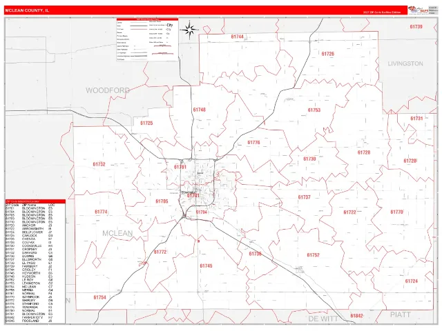 McLean County, IL ZIP Code Wall Map, RedLine style
