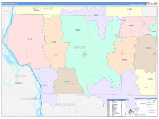 Mercer County, IL ColorCast style ZIP Code wall map