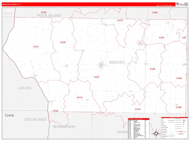 Mercer County, IL ZIP Code Wall Map, RedLine style