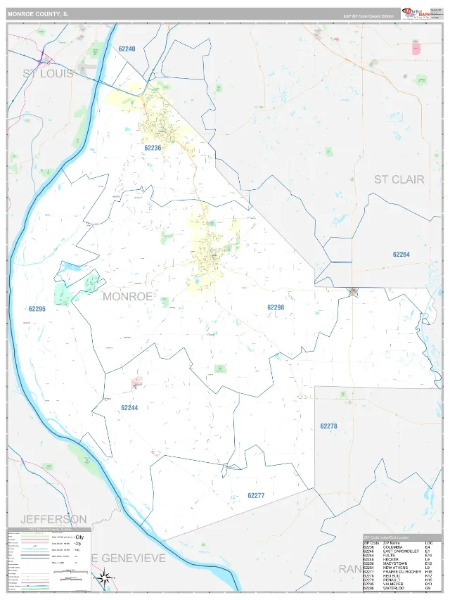 Monroe County, IL ZIP Code Wall Map, Classic style
