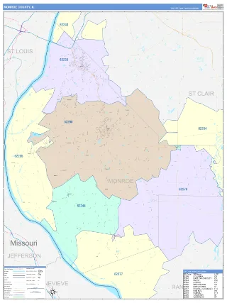 Monroe County, IL ColorCast style ZIP Code wall map