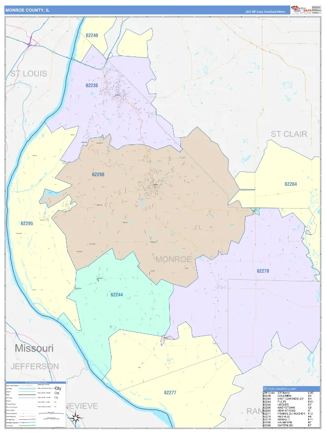 Monroe County, IL ZIP Code Wall Map, ColorCast style