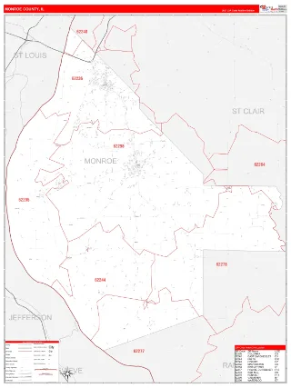 Monroe County, IL RedLine style ZIP Code wall map