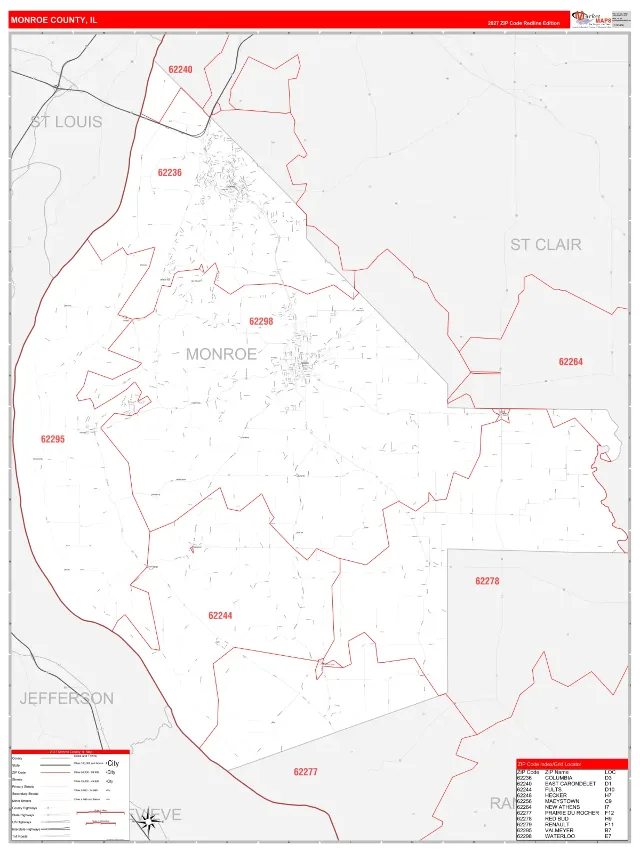 Monroe County, IL ZIP Code Wall Map, RedLine style
