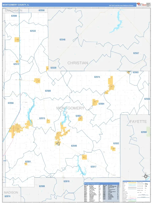 Montgomery County, IL ZIP Code Wall Map, Business Reference style