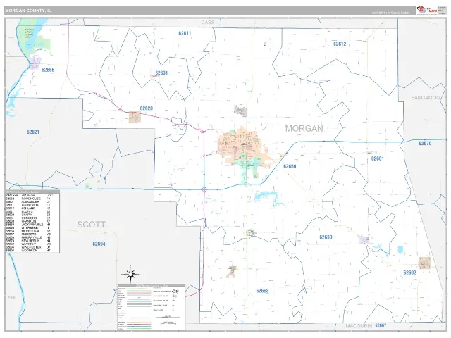 Morgan County, IL ZIP Code Wall Map, Classic style