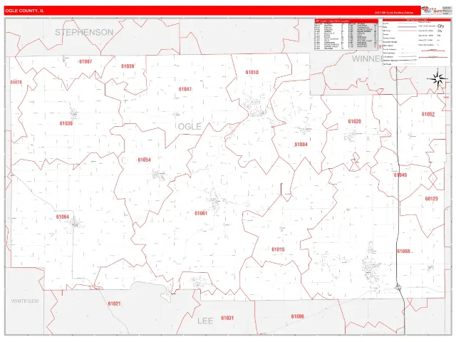 Ogle County, IL ZIP Code Wall Map, RedLine style