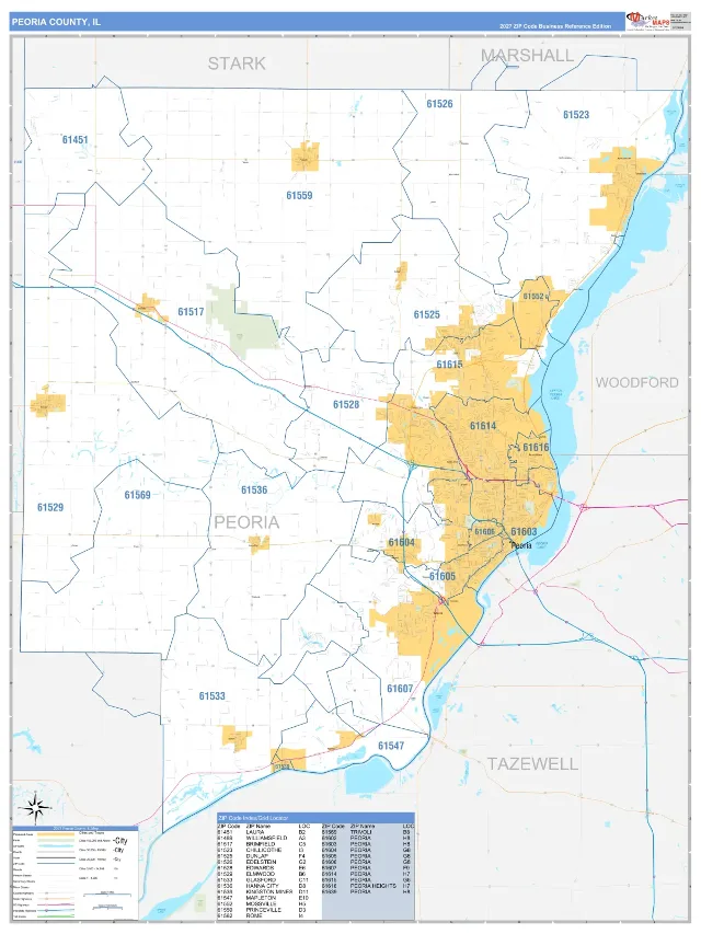 Peoria County, IL ZIP Code Wall Map, Business Reference style