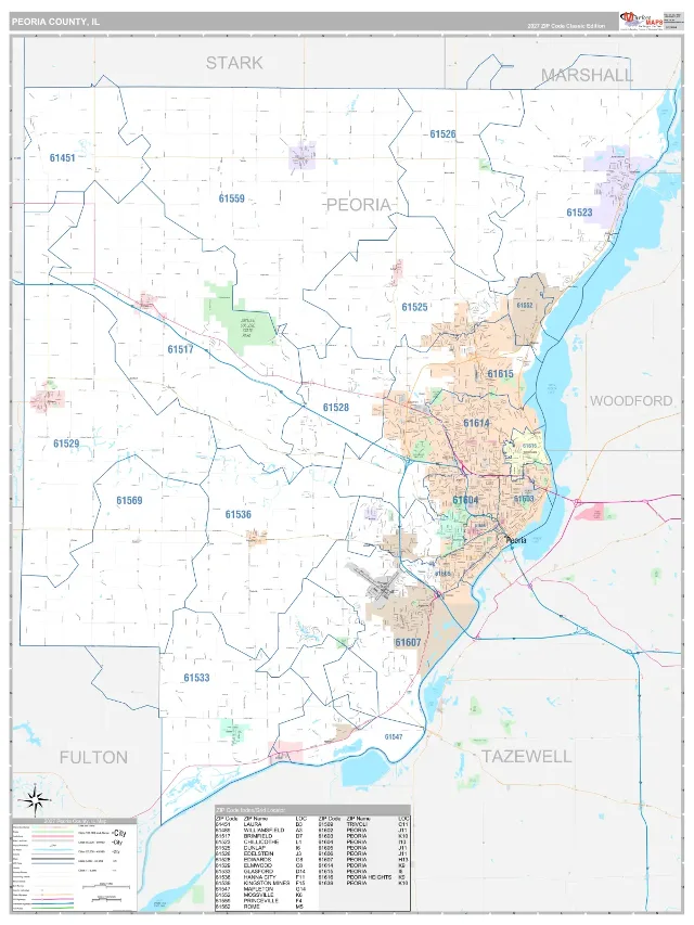 Peoria County, IL ZIP Code Wall Map, Classic style