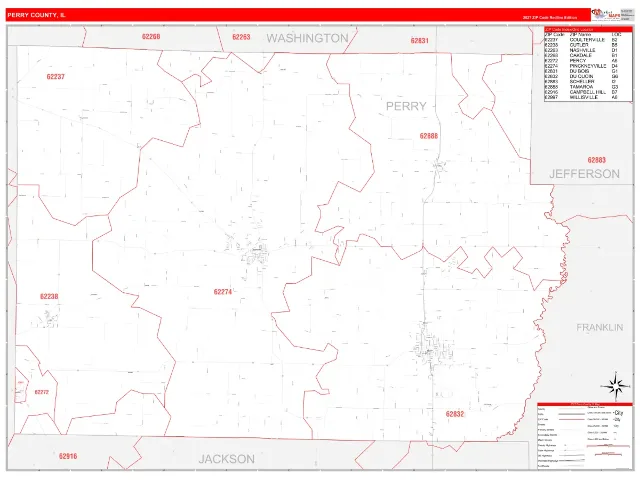 Perry County, IL ZIP Code Wall Map, RedLine style