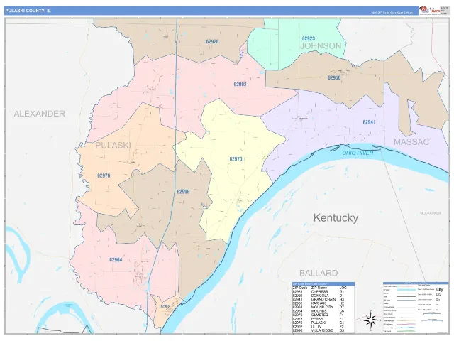 Pulaski County, IL ZIP Code Wall Map, ColorCast style