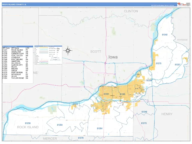 Rock Island County, IL ZIP Code Wall Map, Business Reference style