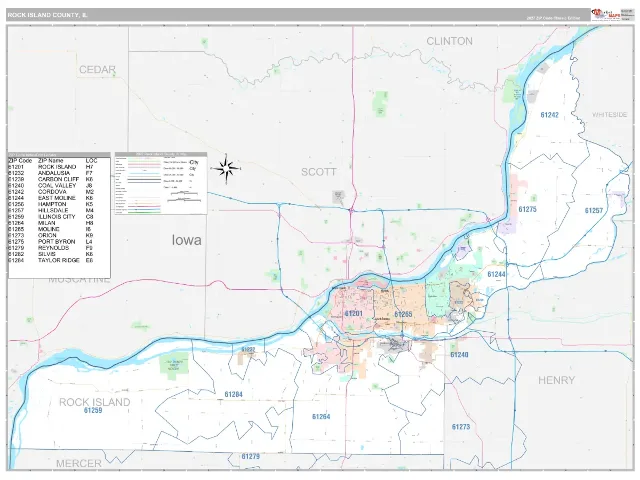 Rock Island County, IL ZIP Code Wall Map, Classic style
