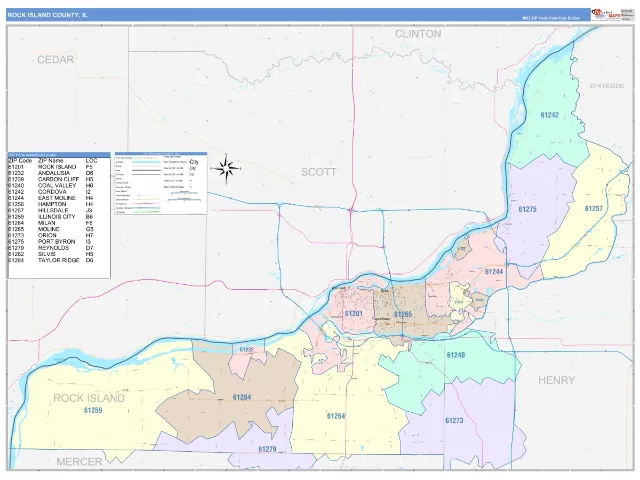 Rock Island County, IL ZIP Code Wall Map, ColorCast style