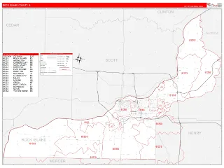 Rock Island County, IL RedLine style ZIP Code wall map