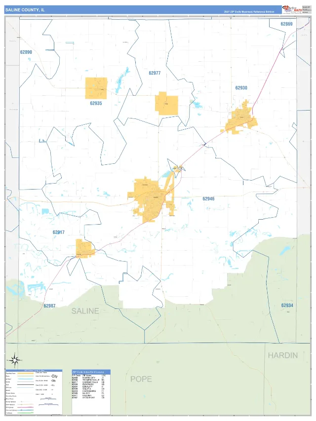Saline County, IL ZIP Code Wall Map, Business Reference style