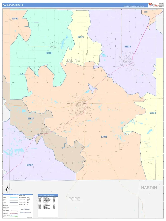 Saline County, IL ZIP Code Wall Map, ColorCast style