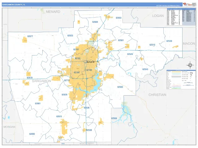 Sangamon County, IL ZIP Code Wall Map, Business Reference style