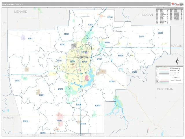Sangamon County, IL ZIP Code Wall Map, Classic style
