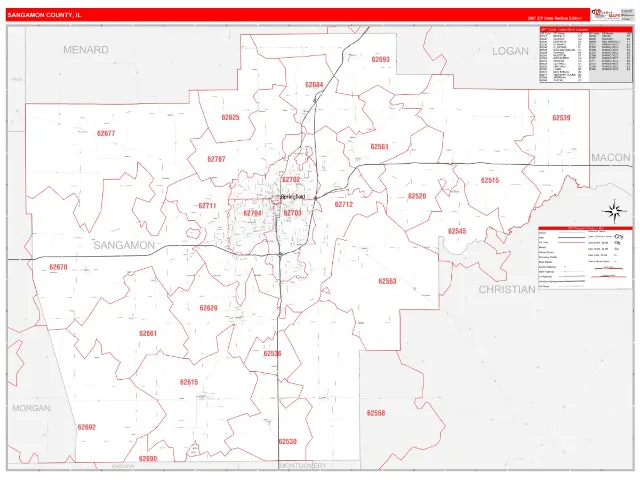 Sangamon County, IL ZIP Code Wall Map, RedLine style