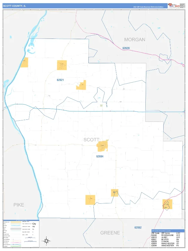Scott County, IL ZIP Code Wall Map, Business Reference style