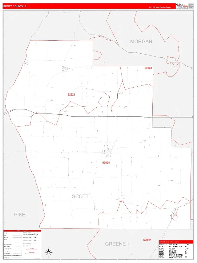 Scott County, IL ZIP Code Wall Map, RedLine style