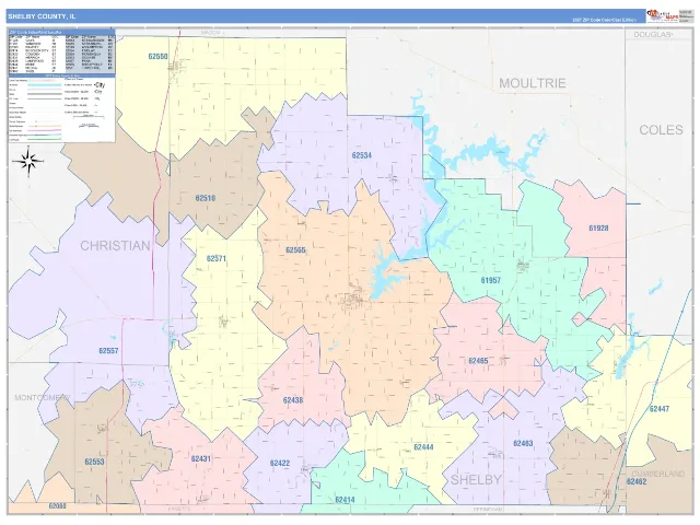 Shelby County, IL ZIP Code Wall Map, ColorCast style