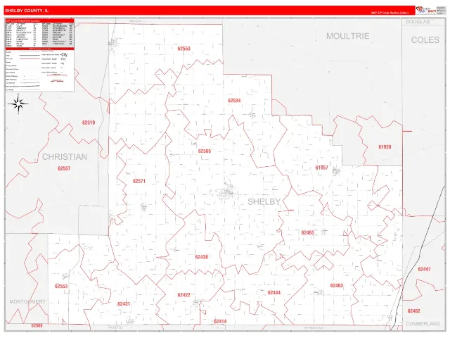 Shelby County, IL ZIP Code Wall Map, RedLine style