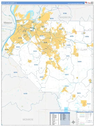 St. Clair County, IL Business Reference style ZIP Code wall map