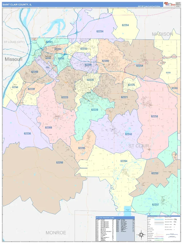 St. Clair County, IL ZIP Code Wall Map, ColorCast style