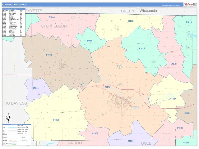 Stephenson County, IL ZIP Code Wall Map, ColorCast style
