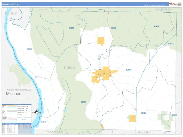 Union County, IL ZIP Code Wall Map, Business Reference style